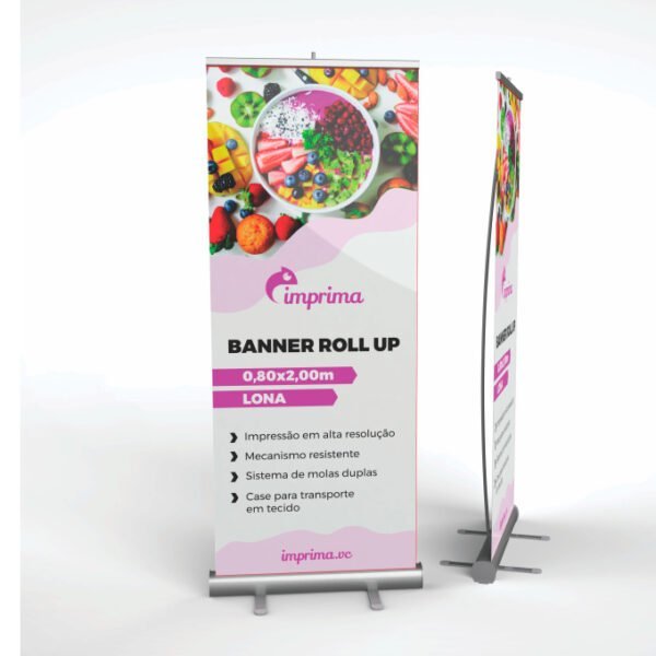 Banner roll up, no formato de 0,80x2,00m, com uma comunicação que simula um produto real.