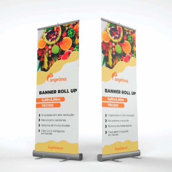 Banner roll up, no formato de 0,80x2,00m, com uma comunicação que simula um produto real.