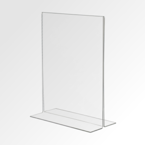 Imagem que mostra display em T acrílico cristal, com espaço vago para comunicação visual impressa por dentro, vendido na Imprima.vc