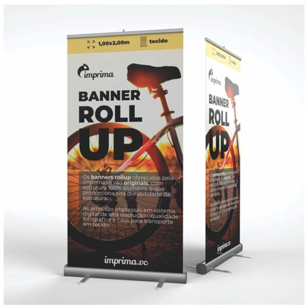 Banner roll up, no formato de 1,00x2,00m, com uma comunicação que simula um produto real.