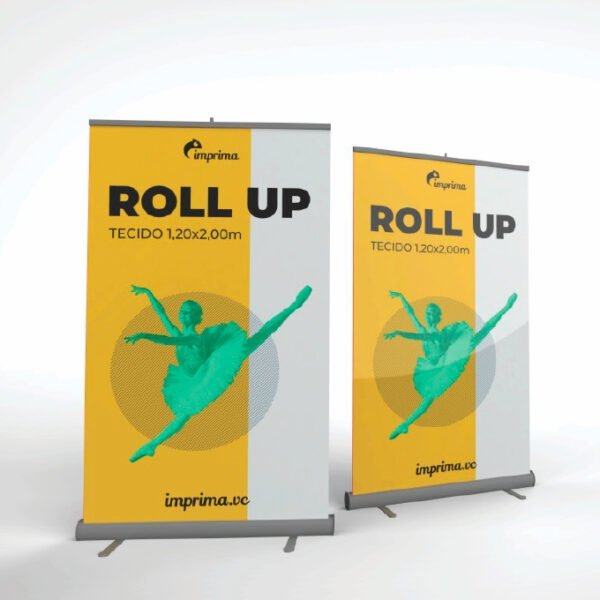 Imagem com duas peças de banner roll up, no formato e 1,20 x 2,00m, com a impressão em tecido. A arte simula uma comunicação de evento de dança.