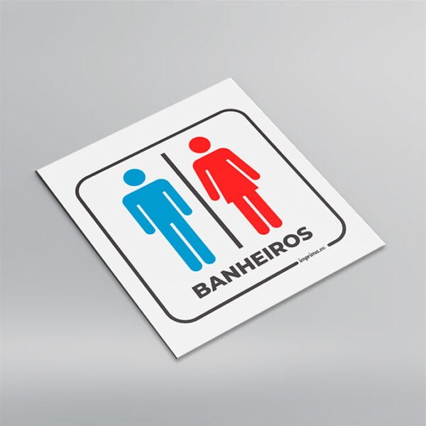 Modelo de placa banheiros para porta de banheiro unisex, em formato quadrado, colorido, vendido pela Imprima.vc