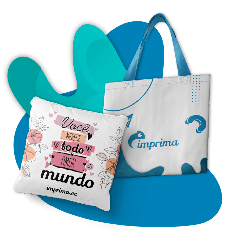 Sacolas personalizadas da imprima.vc, com splash decorativo ao fundo, para ilustrar a categoria de brindes corporativos vendidos pela Imprima.vc