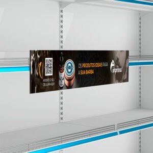 Imagem que ilustra uma faixa de gondola (régua de gondola), em formato retangular, fabricada pela Imprima.vc e aplicada no PDV.