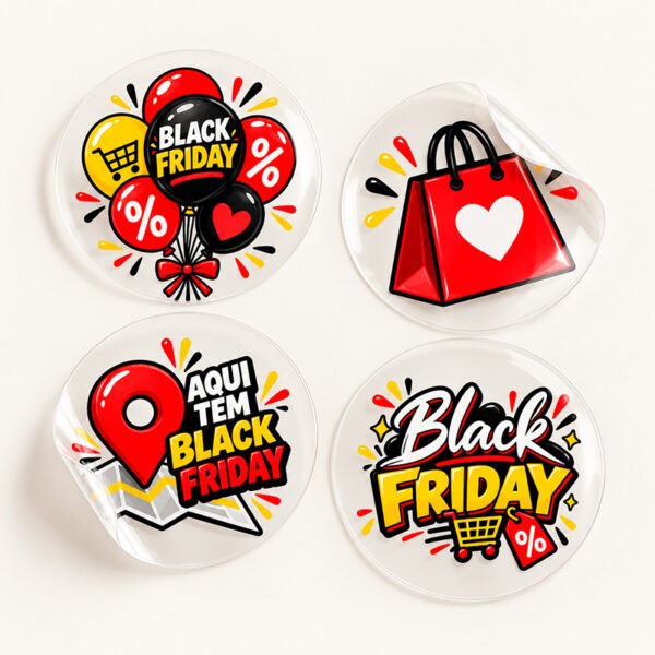 Adesivos transparentes, com ícones variados a partir do tema da Black Friday, produzidos pela Imprima.vc