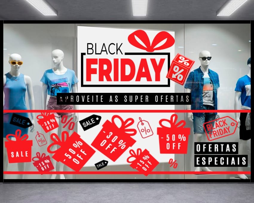 Imagem de uma vitrine decorada com o mote da campanha - Black Friday, ilustrando a importância desse item de comunicação visual no sucesso das vendas | Imprima.vc