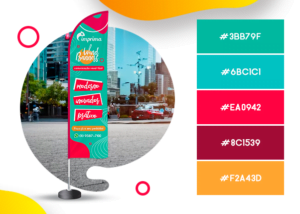 Imagem de um wind banner personalizado, com cores vibrantes e atraentes, escolhidas para atrair a atenção do transeunte. As cores utilizadas estão em destaque para exemplificar seu uso.