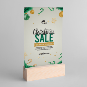 Display de Mesa com Base em Madeira e Testeira em PS - Personalizado <br> 🔴 Kit com 5 unidades<br> ~Especial de Natal~