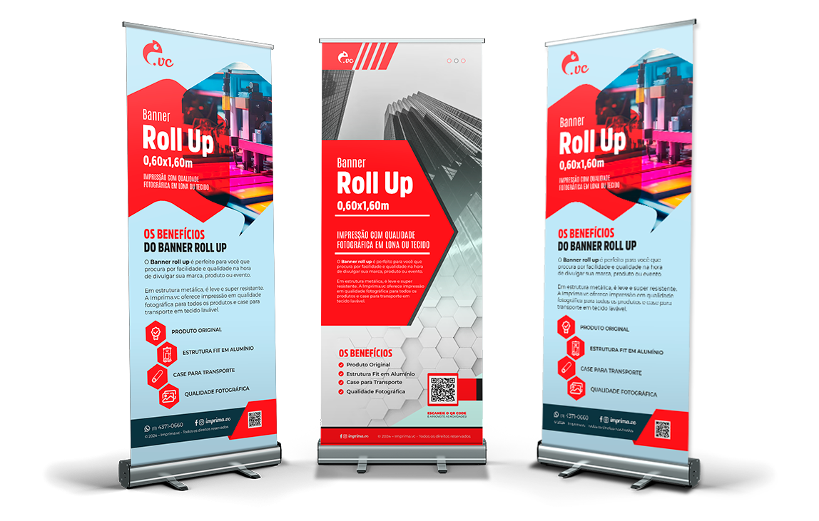 Imagem que ilustra um banner roll up, no formato de 1,40x2,00m, com a comunicação em tecido, impressa pela Imprima.vc