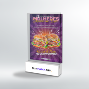 Display de Mesa com Base em Madeira Branca - Testeira em Acrílico Cristal - Modelo 1 - Kit com 5 unidades | Dia Internacional da Mulher