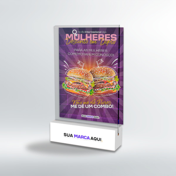 Display de Mesa com Base em Madeira Branca - Testeira em Acrílico Cristal - Modelo 1 -  Kit com 5 unidades | Dia Internacional da Mulher