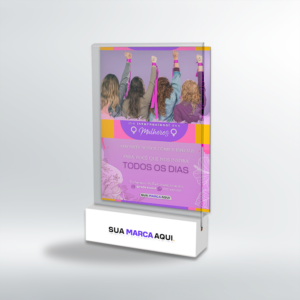 Display de Mesa com Base em Madeira Branca - Testeira em Acrílico Cristal - Modelo 2 - Kit com 5 unidades | Dia Internacional da Mulher