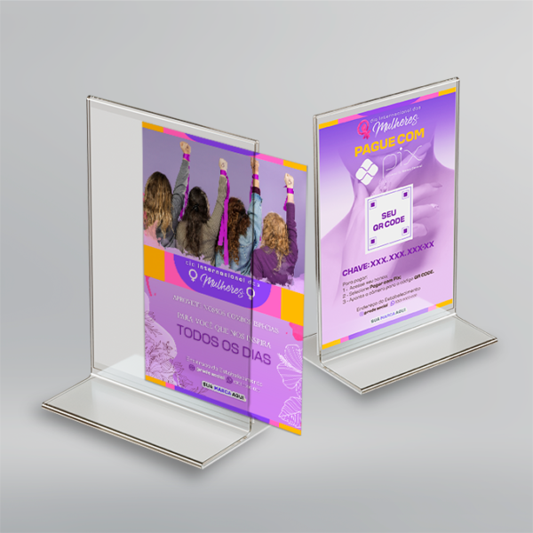 Display em T Invertido - Acrílico Cristal - Modelo 2 - 10x15cm - Kit com 10 unidades | Dia Internacional da Mulher