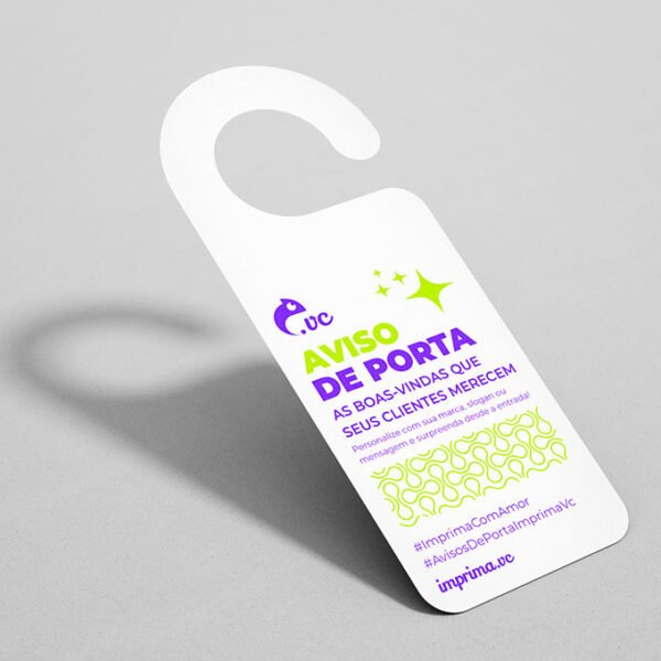 Aviso de Porta - Personalizado - Papel Couchê - Modelo Gancho - Frente <br> #Kit com 12 unidades