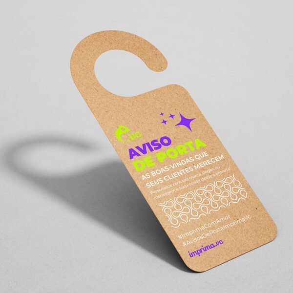 Aviso de Porta - Personalizado - Papel Kraft - Modelo Gancho - Frente <br> #Kit com 12 unidades