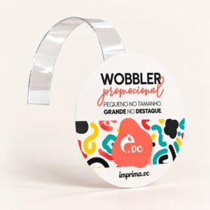 Imagem de um wobbler promocional, com arte da Imprima.vc, apresentando o produto para o usuário.